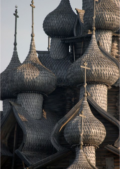 Onion domes of Transfiguration Cathedral Kizhi Island Lake Onega Russia 2007